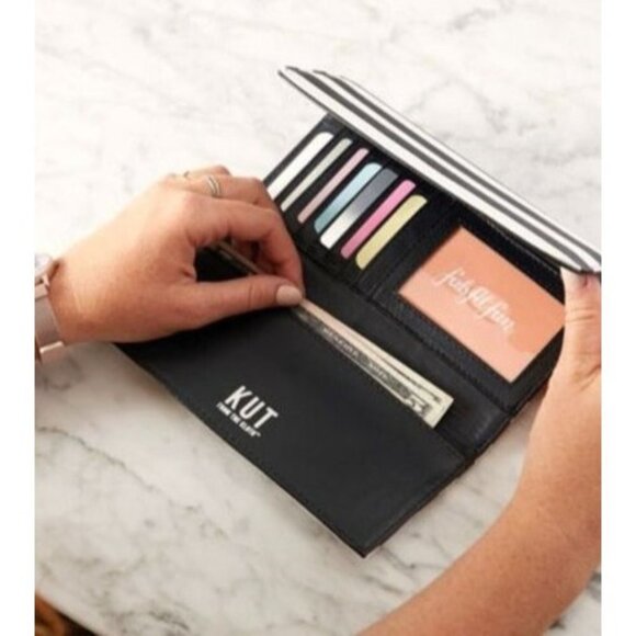 Kut From The Kloth Striped Slim Vegan Tri-fold Wallet Snap Closure NWOT - Picture 2 of 11